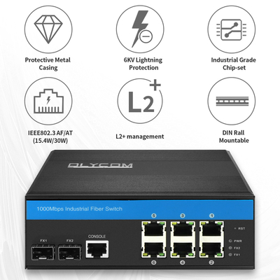 2 অপটিক্যাল থেকে 6 Rj45 8 পোর্ট গিগাবিট ম্যানেজড ইন্ডাস্ট্রিয়াল POE সুইচ L2 দিন রেল