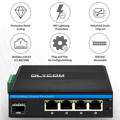 5 পোর্ট এসএফপি PoE সুইচ গিগাবিট নেটওয়ার্ক PoE/PoE+ 120W বাজেট DC48V ফ্যানলেস সিই এফসিসি