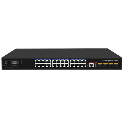 24 পোর্ট পো ই সুইচ 10 জি ফাইবার 300W বাজেট ইউএসবি কনসোল এল 3 পরিচালিত এসি ইনপুট