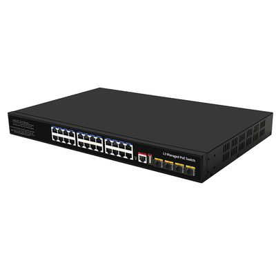 24 পোর্ট পো ই সুইচ 10 জি ফাইবার 300W বাজেট ইউএসবি কনসোল এল 3 পরিচালিত এসি ইনপুট
