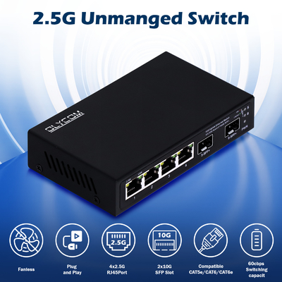 4 পোর্ট 2.5G ইথারনেট সুইচ উইথ 10G SFP+ আপলিঙ্ক আনম্যানেজড ফ্যানলেস DC12V ওয়াল মাউন্টেড